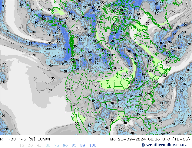 RH 700 гПа ECMWF пн 23.09.2024 00 UTC