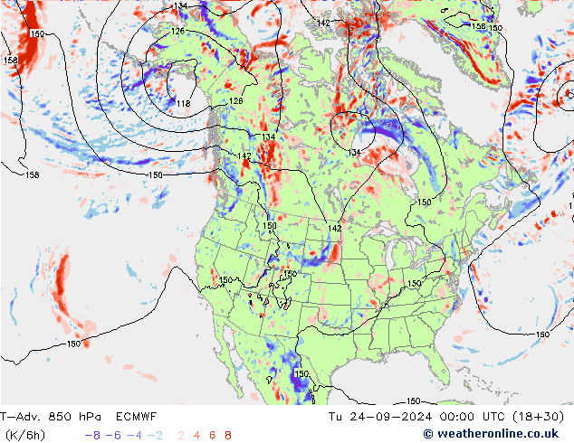 T-Adv. 850 hPa ECMWF Di 24.09.2024 00 UTC