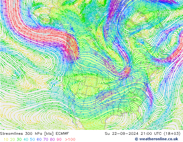 Ligne de courant 300 hPa ECMWF dim 22.09.2024 21 UTC