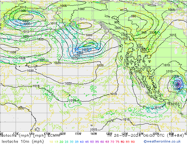 Isotachen (mph) ECMWF do 26.09.2024 06 UTC