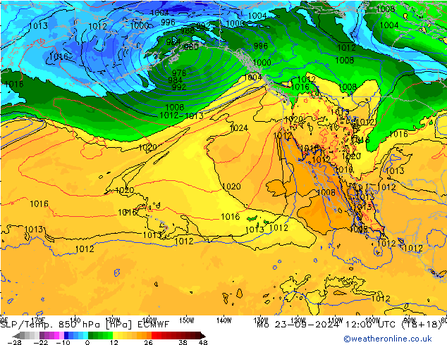 SLP/Temp. 850 гПа ECMWF пн 23.09.2024 12 UTC