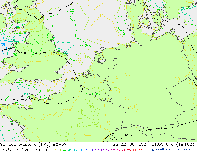 Isotachs (kph) ECMWF Вс 22.09.2024 21 UTC