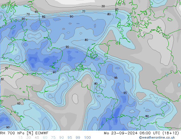 RH 700 hPa ECMWF Mo 23.09.2024 06 UTC