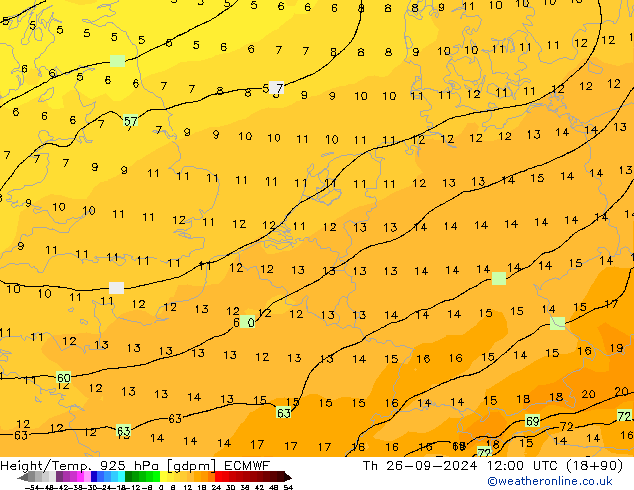 Height/Temp. 925 hPa ECMWF Th 26.09.2024 12 UTC