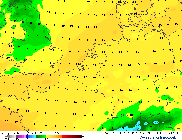 Temperaturkarte (2m) ECMWF Mi 25.09.2024 06 UTC