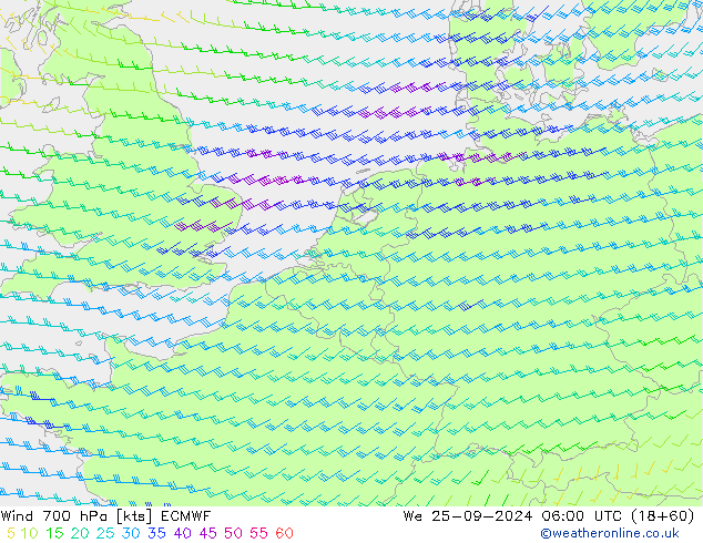 Wind 700 hPa ECMWF wo 25.09.2024 06 UTC