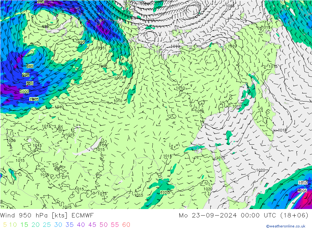 Wind 950 hPa ECMWF Mo 23.09.2024 00 UTC