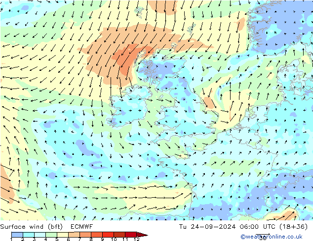 wiatr 10 m (bft) ECMWF wto. 24.09.2024 06 UTC