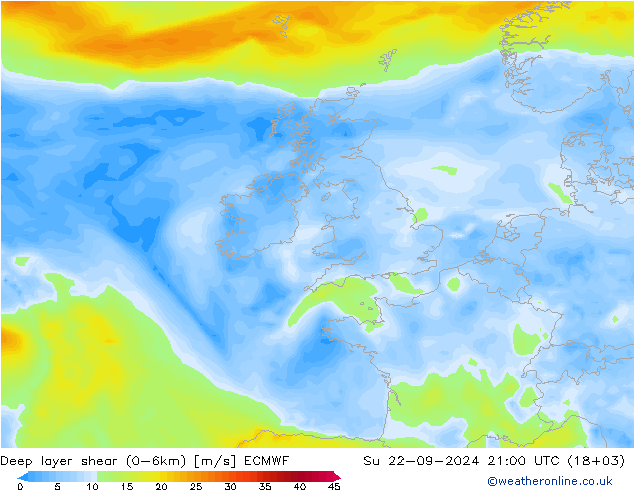 Deep layer shear (0-6km) ECMWF zo 22.09.2024 21 UTC