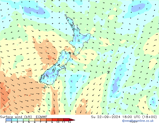 Surface wind (bft) ECMWF Su 22.09.2024 18 UTC