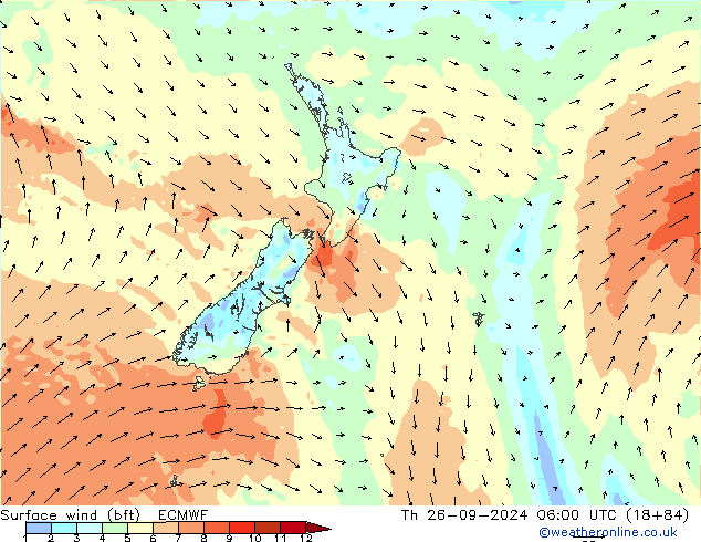 Vento 10 m (bft) ECMWF Qui 26.09.2024 06 UTC