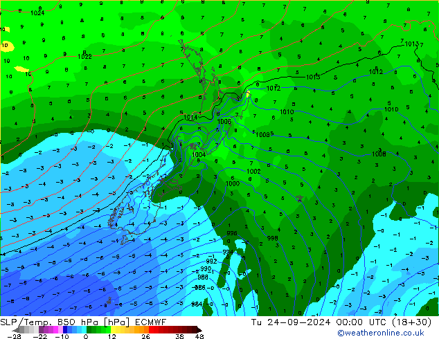 SLP/Temp. 850 hPa ECMWF Tu 24.09.2024 00 UTC