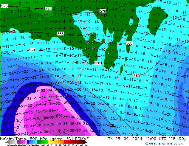 Height/Temp. 500 hPa ECMWF gio 26.09.2024 12 UTC