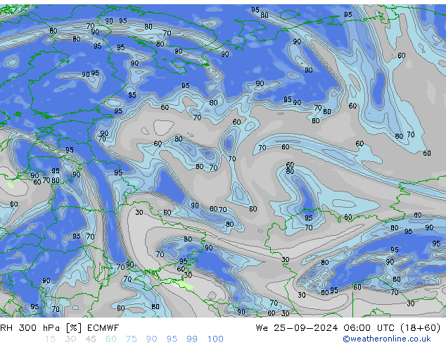 RH 300 hPa ECMWF We 25.09.2024 06 UTC