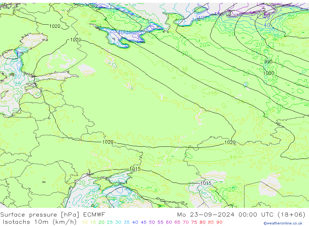 Isotaca (kph) ECMWF lun 23.09.2024 00 UTC