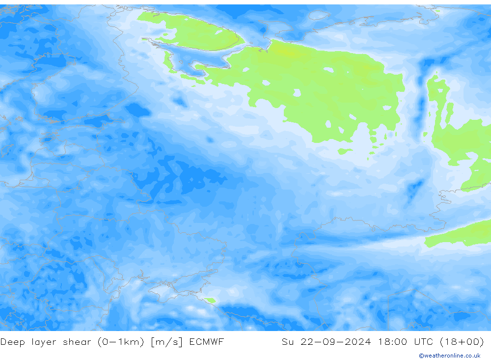 Deep layer shear (0-1km) ECMWF Su 22.09.2024 18 UTC