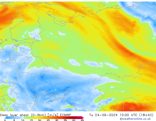 Deep layer shear (0-6km) ECMWF Sa 24.09.2024 12 UTC