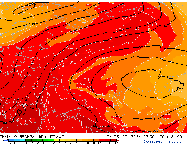 Theta-W 850hPa ECMWF jue 26.09.2024 12 UTC