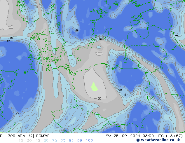 RH 300 hPa ECMWF We 25.09.2024 03 UTC