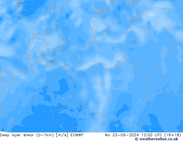 Deep layer shear (0-1km) ECMWF Mo 23.09.2024 12 UTC