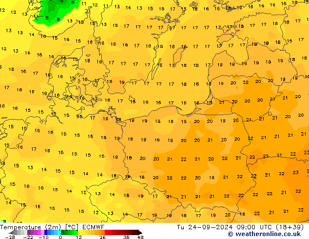 Temperature (2m) ECMWF Tu 24.09.2024 09 UTC