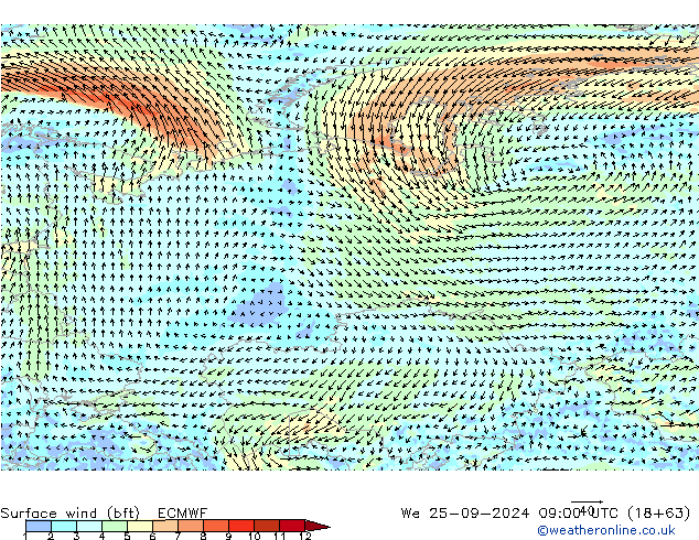 Wind 10 m (bft) ECMWF wo 25.09.2024 09 UTC