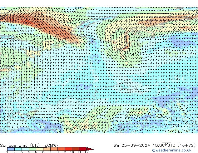 Vento 10 m (bft) ECMWF Qua 25.09.2024 18 UTC