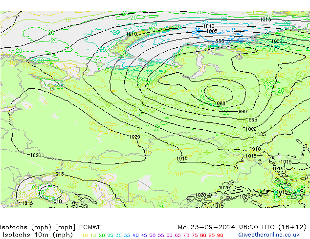 Isotachs (mph) ECMWF Mo 23.09.2024 06 UTC