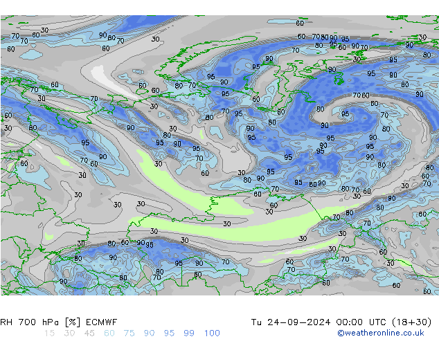 RH 700 hPa ECMWF Út 24.09.2024 00 UTC