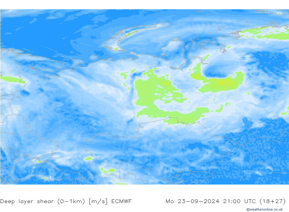 Deep layer shear (0-1km) ECMWF  23.09.2024 21 UTC