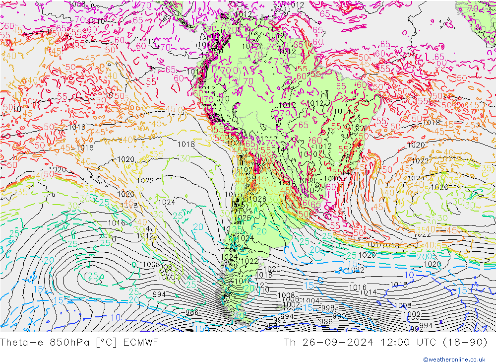 Theta-e 850hPa ECMWF czw. 26.09.2024 12 UTC