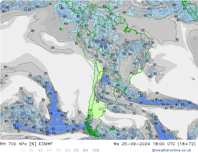 RH 700 hPa ECMWF We 25.09.2024 18 UTC