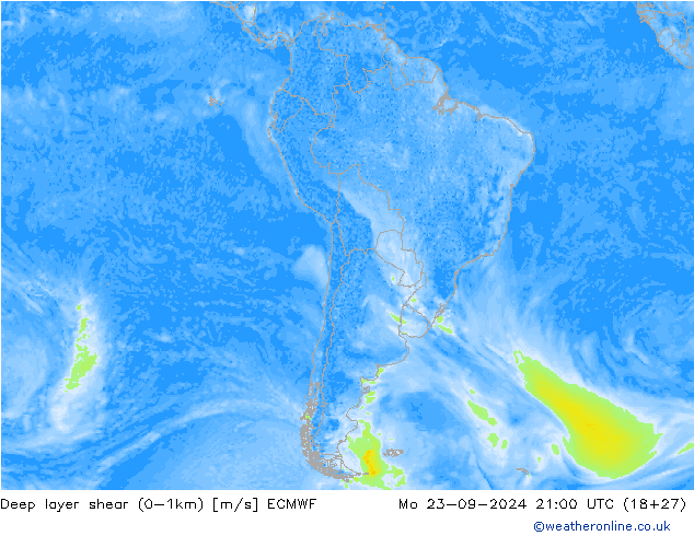 Deep layer shear (0-1km) ECMWF Mo 23.09.2024 21 UTC