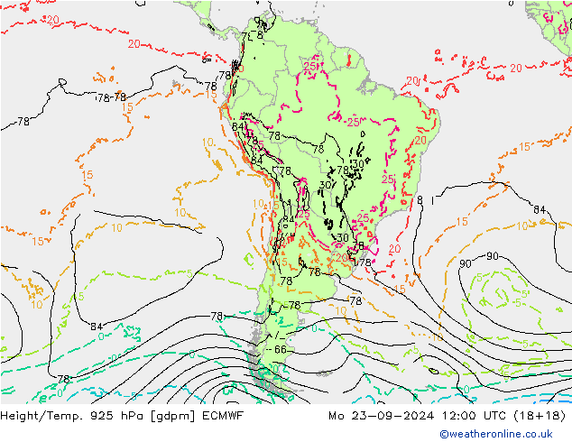 Height/Temp. 925 гПа ECMWF пн 23.09.2024 12 UTC