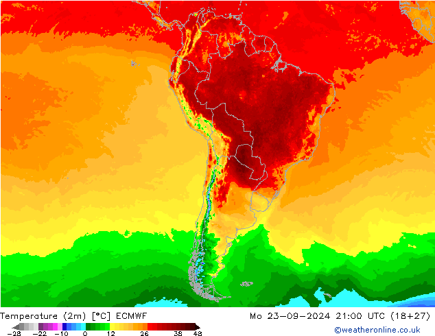 Temperature (2m) ECMWF Mo 23.09.2024 21 UTC