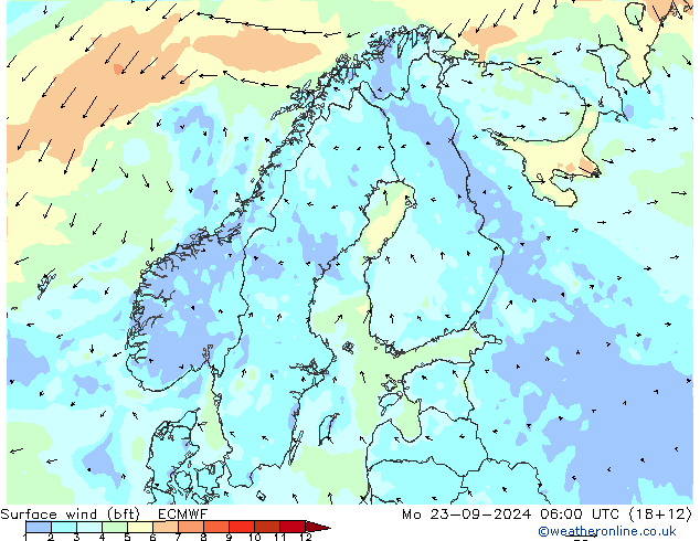 Bodenwind (bft) ECMWF Mo 23.09.2024 06 UTC