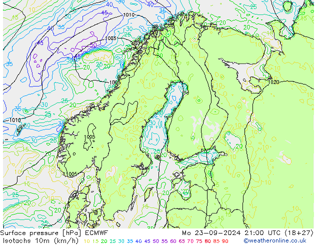 Eşrüzgar Hızları (km/sa) ECMWF Pzt 23.09.2024 21 UTC