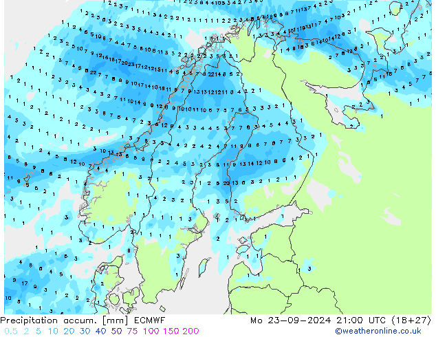 Precipitation accum. ECMWF lun 23.09.2024 21 UTC