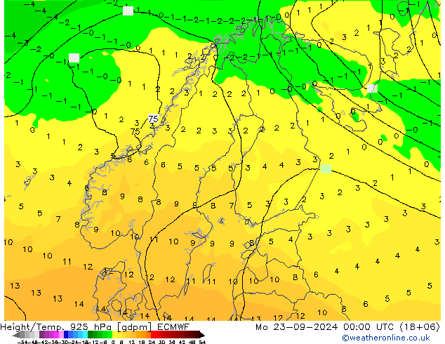 Height/Temp. 925 hPa ECMWF Mo 23.09.2024 00 UTC