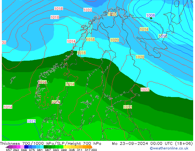 Thck 700-1000 гПа ECMWF пн 23.09.2024 00 UTC