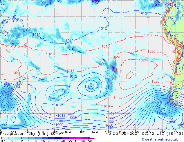 Totale neerslag (6h) ECMWF ma 23.09.2024 12 UTC