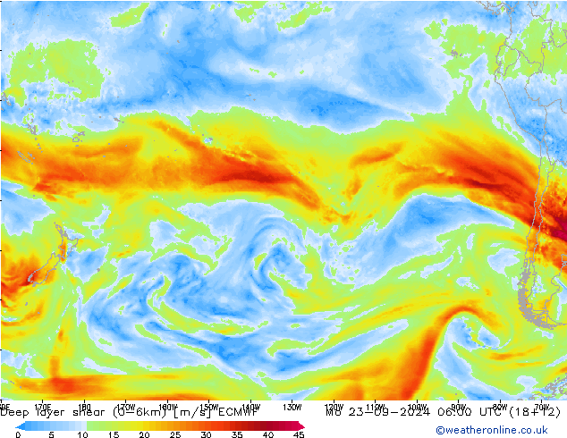 Deep layer shear (0-6km) ECMWF ma 23.09.2024 06 UTC