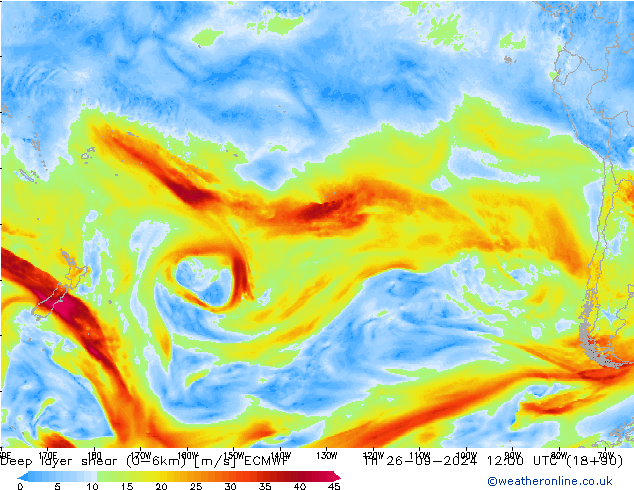 Deep layer shear (0-6km) ECMWF Qui 26.09.2024 12 UTC