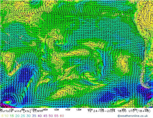 wiatr 10 m ECMWF wto. 24.09.2024 18 UTC