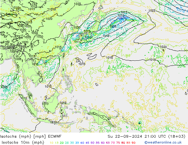 Isotachs (mph) ECMWF Su 22.09.2024 21 UTC