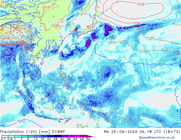 Totale neerslag (12h) ECMWF wo 25.09.2024 18 UTC