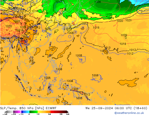 SLP/Temp. 850 hPa ECMWF Qua 25.09.2024 06 UTC