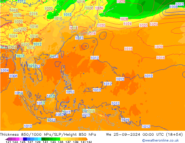 Dikte 850-1000 hPa ECMWF wo 25.09.2024 00 UTC