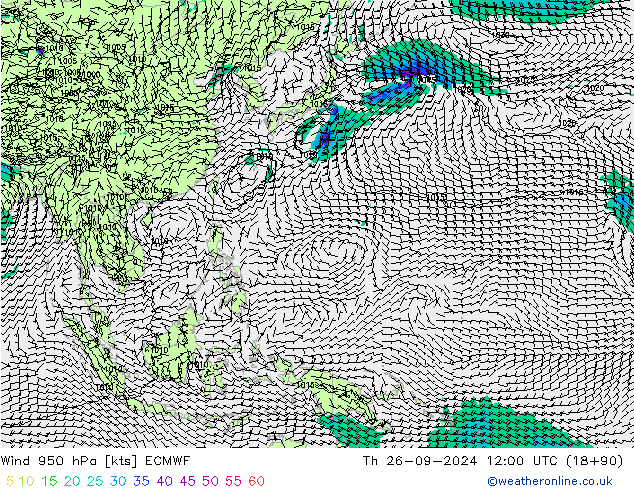 Wind 950 hPa ECMWF do 26.09.2024 12 UTC