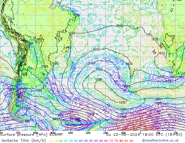 Isotachs (kph) ECMWF  22.09.2024 18 UTC